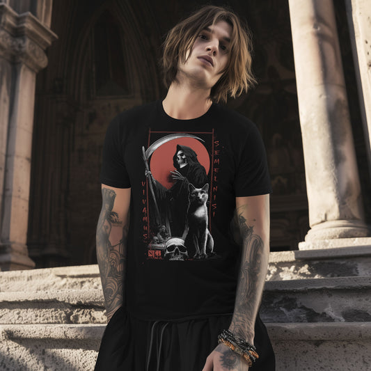 grim reaper and black cat with skull