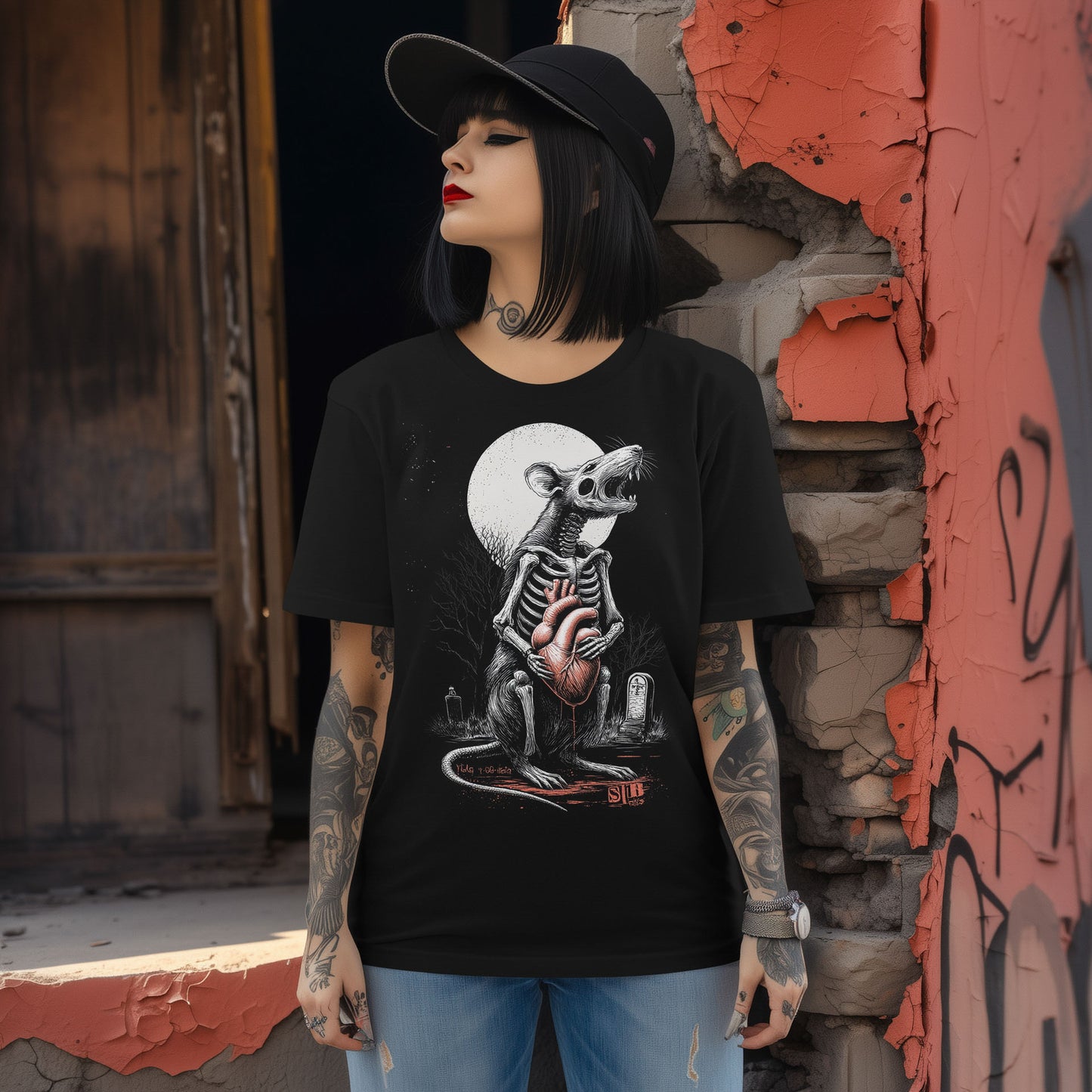 skeleton zombie rat and heart in hand dark art shirt design